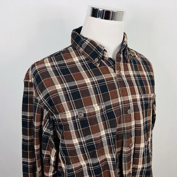 Duluth Trading Co Large Flannel Work Shirt Brown Black Plaid Button Down Cotton - Picture 1 of 5